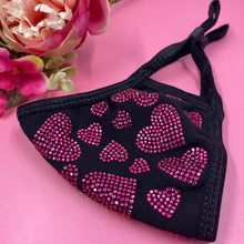 Load image into Gallery viewer, Pink Hearts On Black Crystal Face Mask