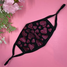 Load image into Gallery viewer, Pink Hearts On Black Crystal Face Mask