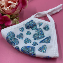 Load image into Gallery viewer, Blue Hearts On White Crystal Face Mask