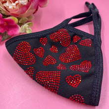 Load image into Gallery viewer, Red Hearts On Black Crystal Face Mask