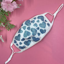 Load image into Gallery viewer, Blue Hearts On White Crystal Face Mask