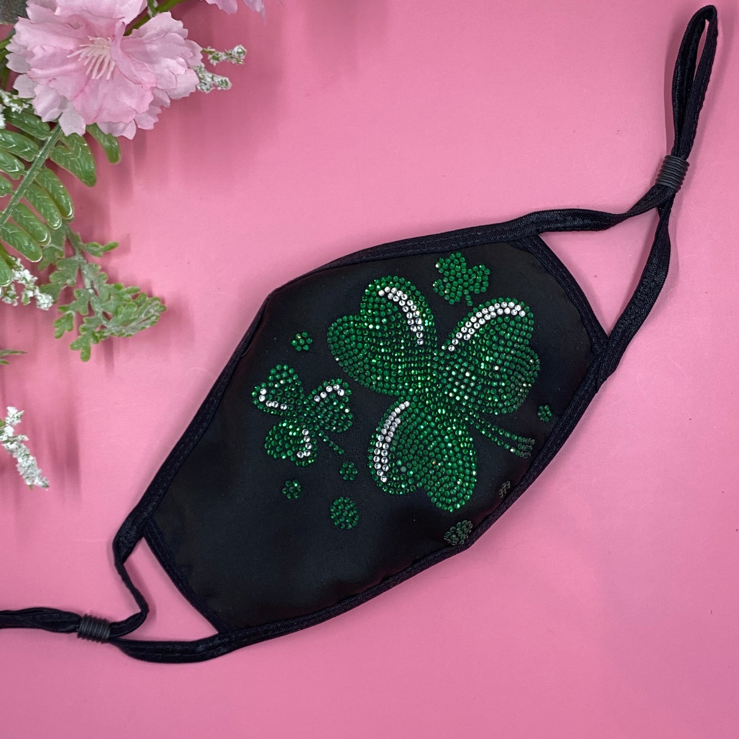 Shamrocks On Black Crystal Face Mask