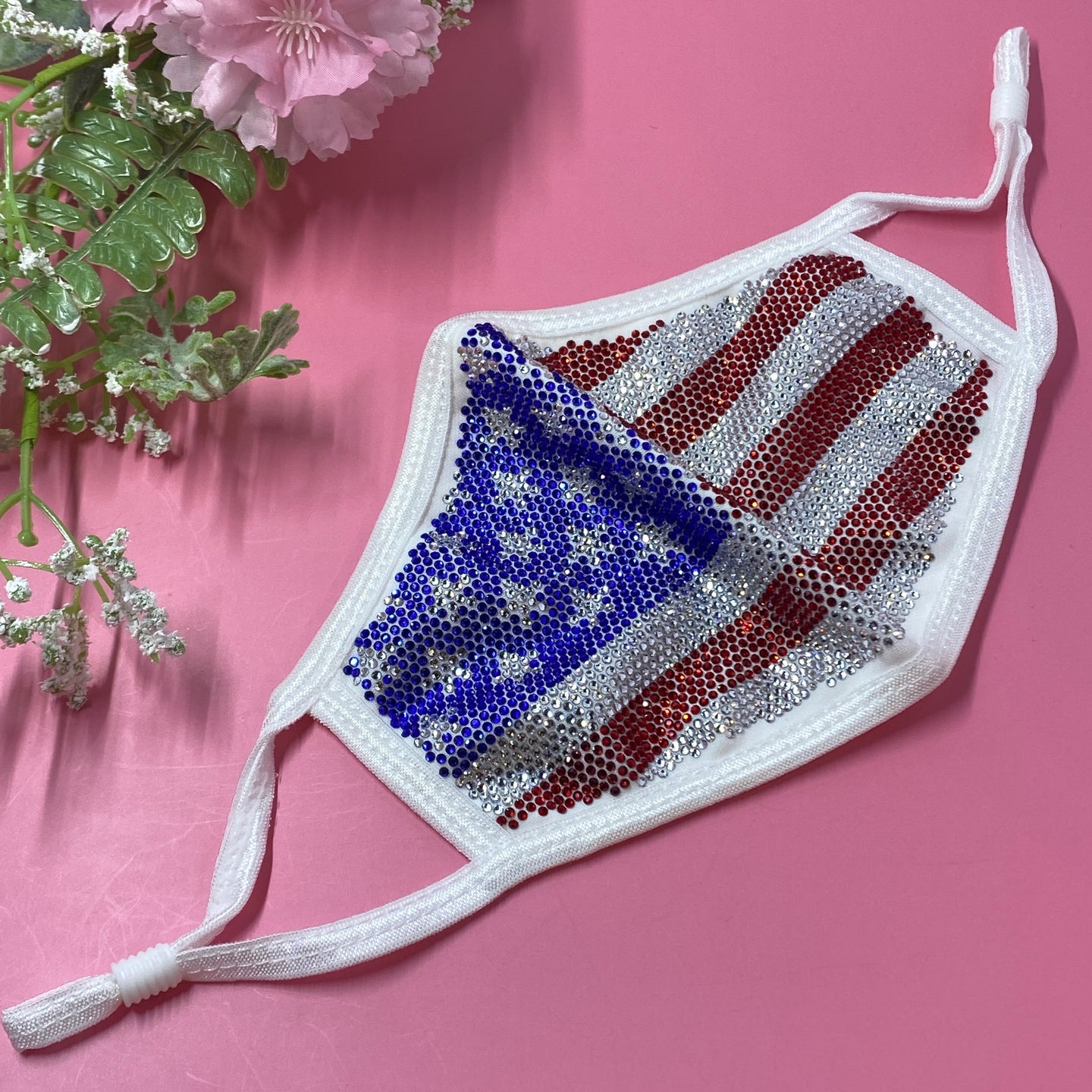 American Flag On White Crystal Face Mask